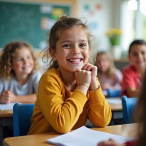 This is a photo of an elementary classroom. It shows students blurred in the background and a smiling girl that is sitting at her desk in the front.