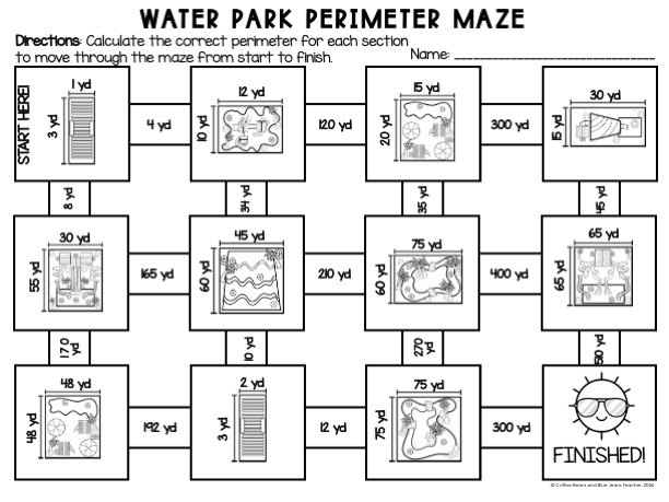 Theme park perimeter maze for practicing area and perimeter in 4th grade.